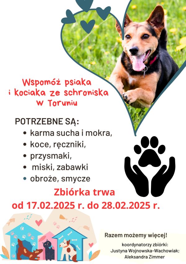 plakat promujący zbiórkę darów na schronisko dla bezdomnych zwierząt w Toruniu