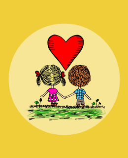 dziewczynka i chłopiec trzymają się za ręce, nad nimi serce