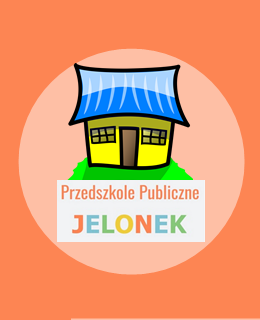 żółty domek z niebieskim dachem i kolorowym napisem Przedszkole Publiczne Jelonek